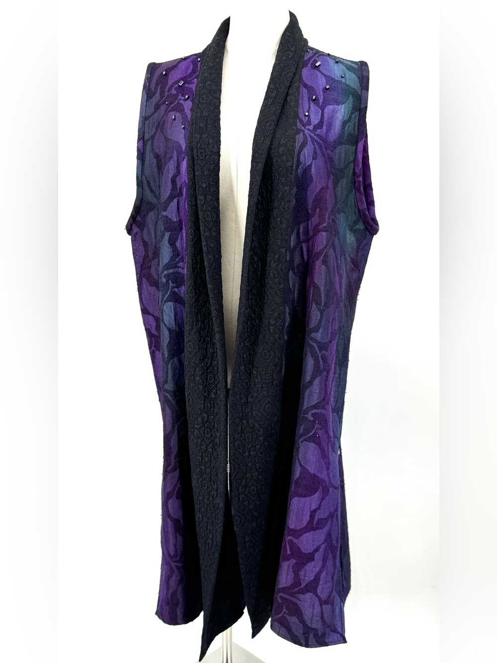 Vintage Artisan Tussah Silk long shawl jacket vest hand dyed jeweled